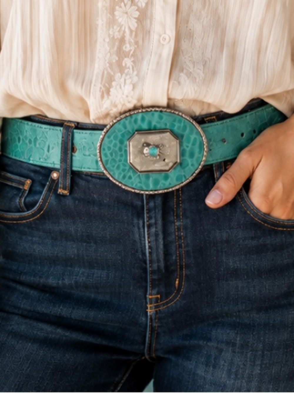 Kemestry,Turquoise Croc Embossed Leather Jeweled Cowgirl Statement Belt Size L